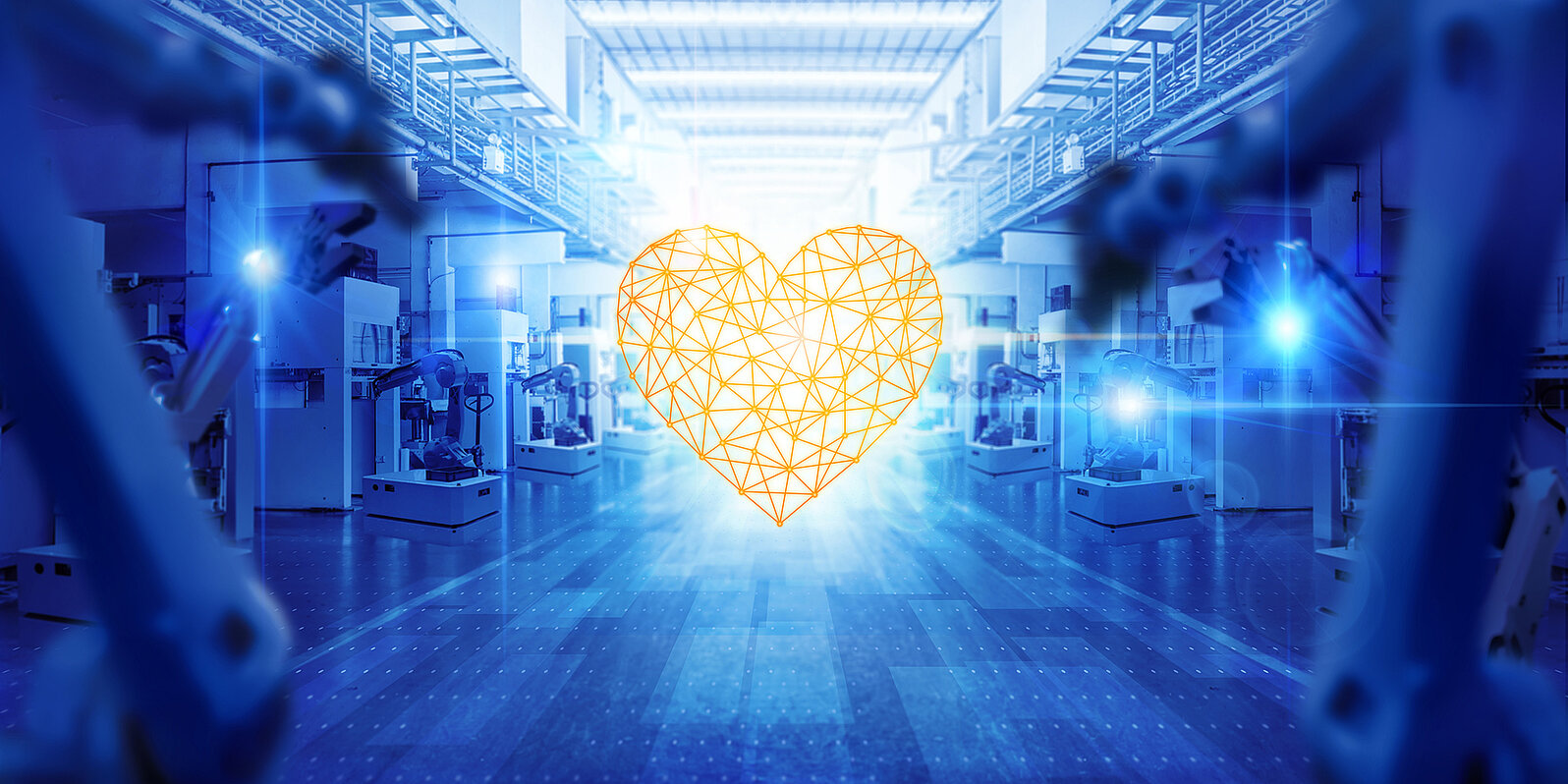 Artwork of an orange heart in a blue factory background.